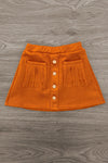 "Lil' Bit Rowdy" Suede Skirt Set - 6-12 Months - Orange suede mini skirt with button front and fringe-accented patch pockets.