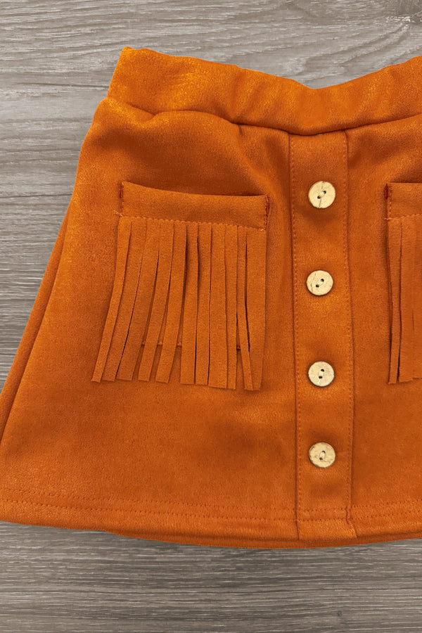 "Lil' Bit Rowdy" Suede Skirt Set - 6-12 Months - Rust orange suede skirt with front button closure and fringed pockets.