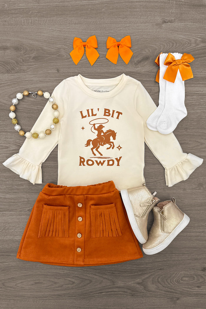 "Lil' Bit Rowdy" Suede Skirt Set - 6-12 Months - Cream long-sleeve bodysuit with "Lil' Bit Rowdy" and horse graphic, rust suede button-front skirt, cream socks with orange.