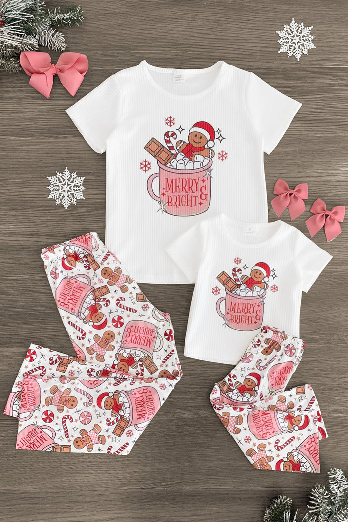 Mom & Me - "Merry & Bright" Gingerbread Man Pajamas - CHILD-3XS-6-12 Months - White short-sleeve tops with pink "Merry & Bright" gingerbread mug designs paired with matching pink gingerbread print pants .