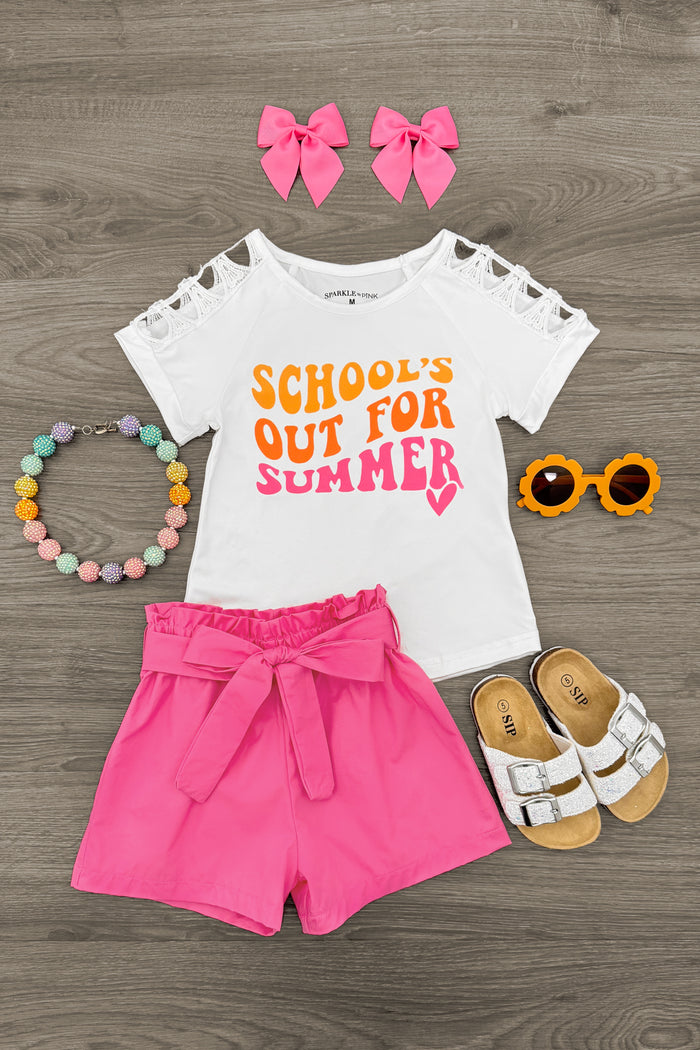 "School's Out For Summer" Pink Short Set - Small-3T - White short-sleeve top with "School's Out For Summer" text, pink high-waist shorts, pink bow hair clips, white sandals,.