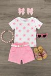 White & Pink Flower Print Denim Short Set | Sparkle in Pink