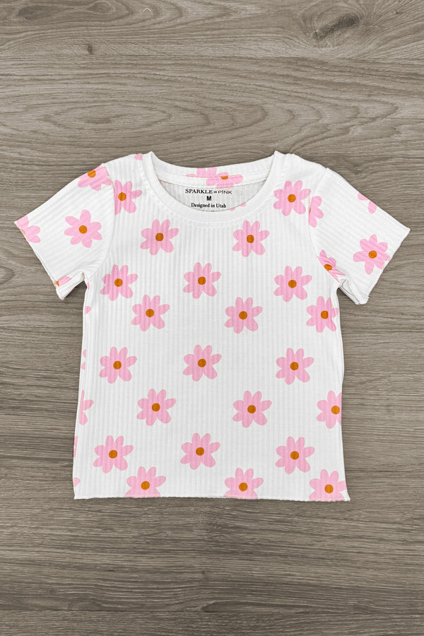 White & Pink Flower Print Denim Short Set | Sparkle in Pink