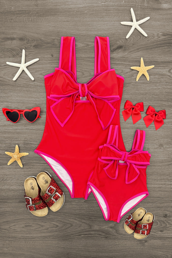 Mom & Me - Red Bow One Piece Swimsuit - CHILD-6-12 Months - Matching red one-piece swimsuits with large bows and pink trim for mom and child, styled with starfish, red heart.