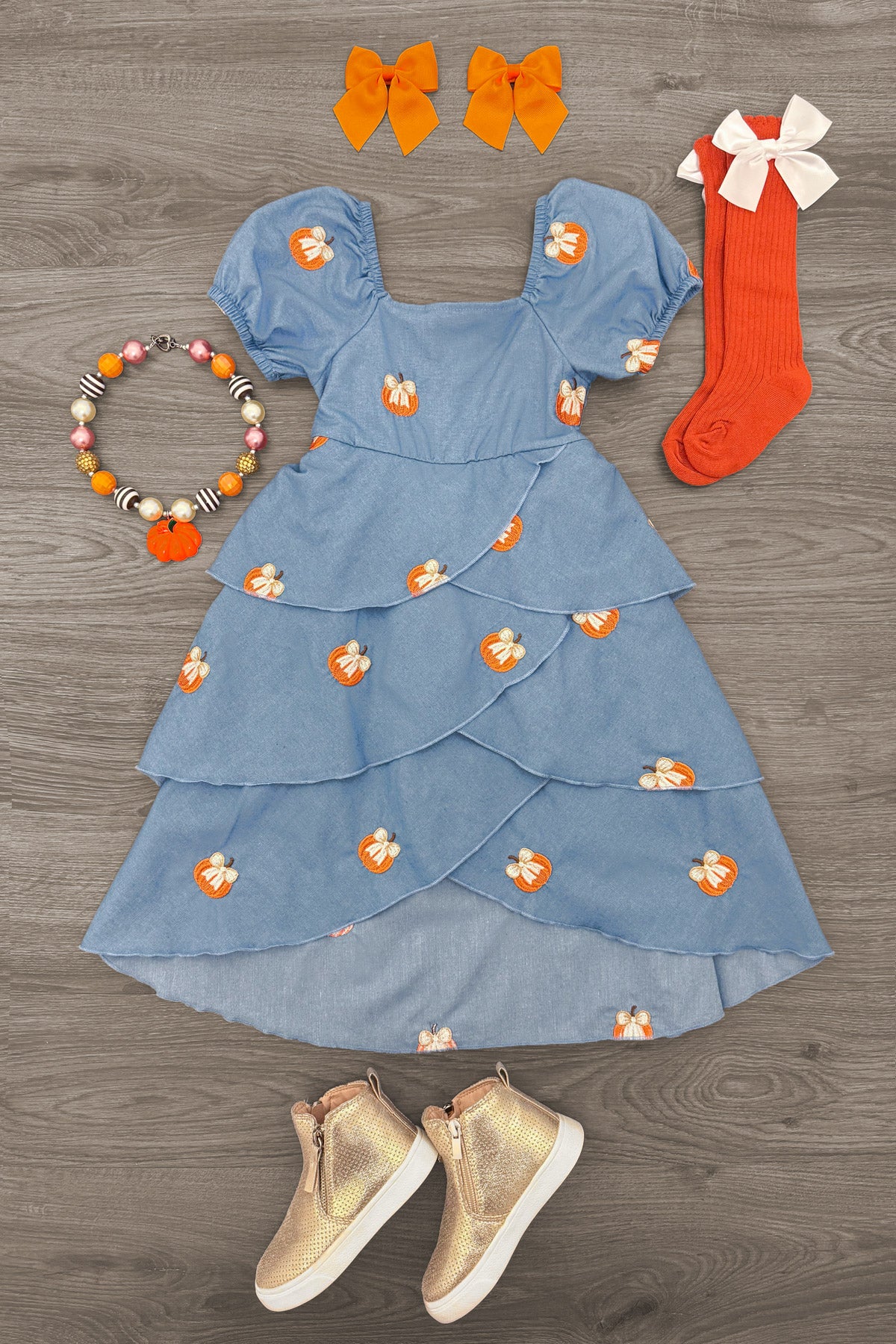 Chambray Pumpkin Maxi Dress - 6-12 Months - Blue chambray maxi dress with puff sleeves, tiered skirt, and small orange pumpkin prints.