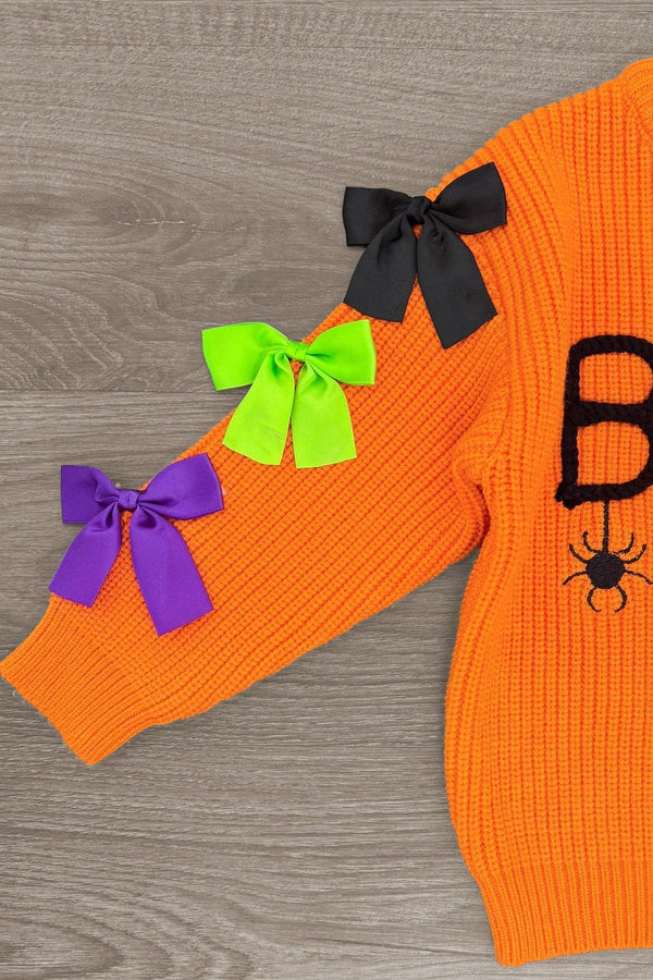 "Boo" Velvet Bell Bottom Set - 6-12 Months - Orange ribbed velvet bell sleeve with black, green, and purple bows and black spider and "Boo" text embroidery.