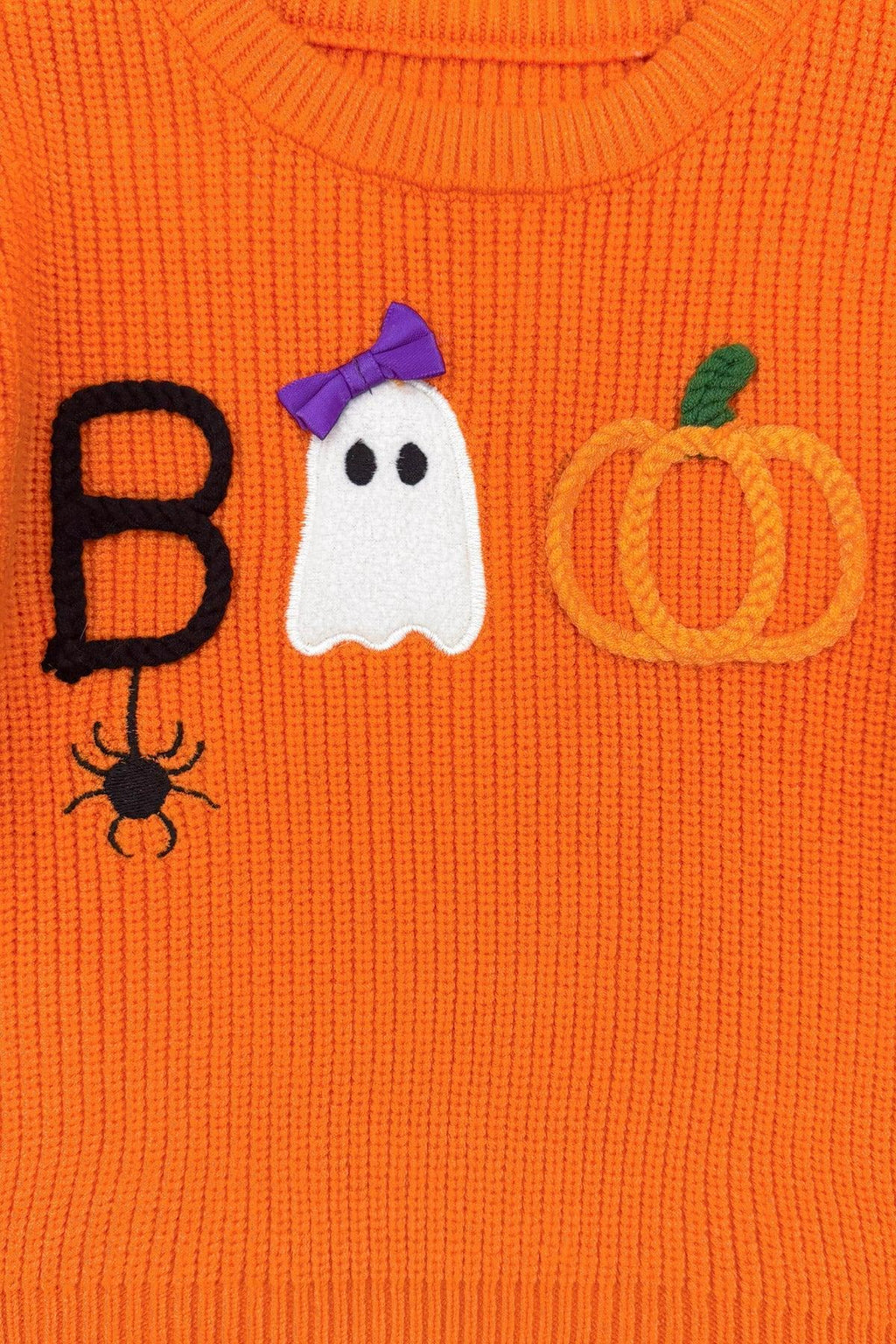 "Boo" Velvet Bell Bottom Set - 6-12 Months - Orange ribbed velvet fabric with Halloween-themed appliques including black "B," white ghost with purple bow, orange.