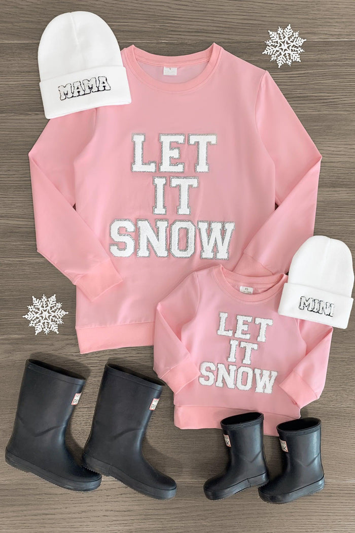 Mom & Me - "Let It Snow" Pink Chenille Patch Top - CHILD-3XS-6-12 Months - Pink chenille patch "Let It Snow" tops for mom and child paired with white knit beanies and black rain boots.