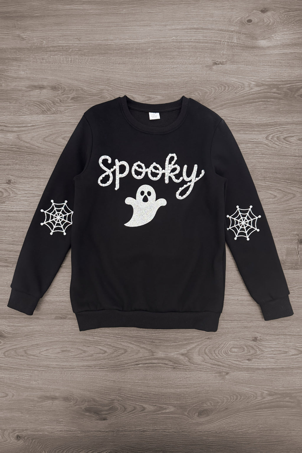 Mom & Me - "Spooky" Ghost Pullover & Denim Pant Set - MOM-XS - Black pullover with white "Spooky" text, ghost graphic on front, and spiderweb designs on sleeves.