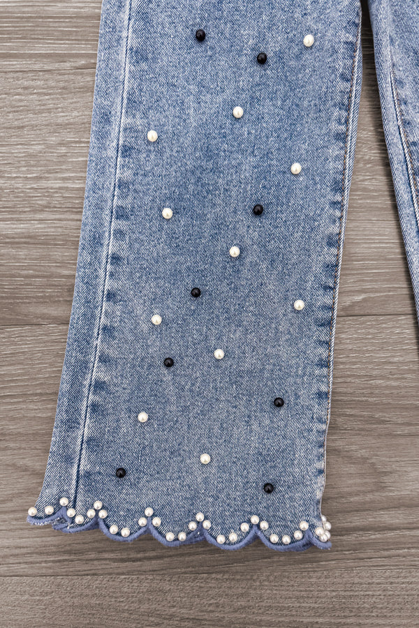 Mom & Me - "Spooky" Ghost Pullover & Denim Pant Set - CHILD-6-12 Months - Light blue denim pants with scattered black and white pearl embellishments and scalloped hem detailing.