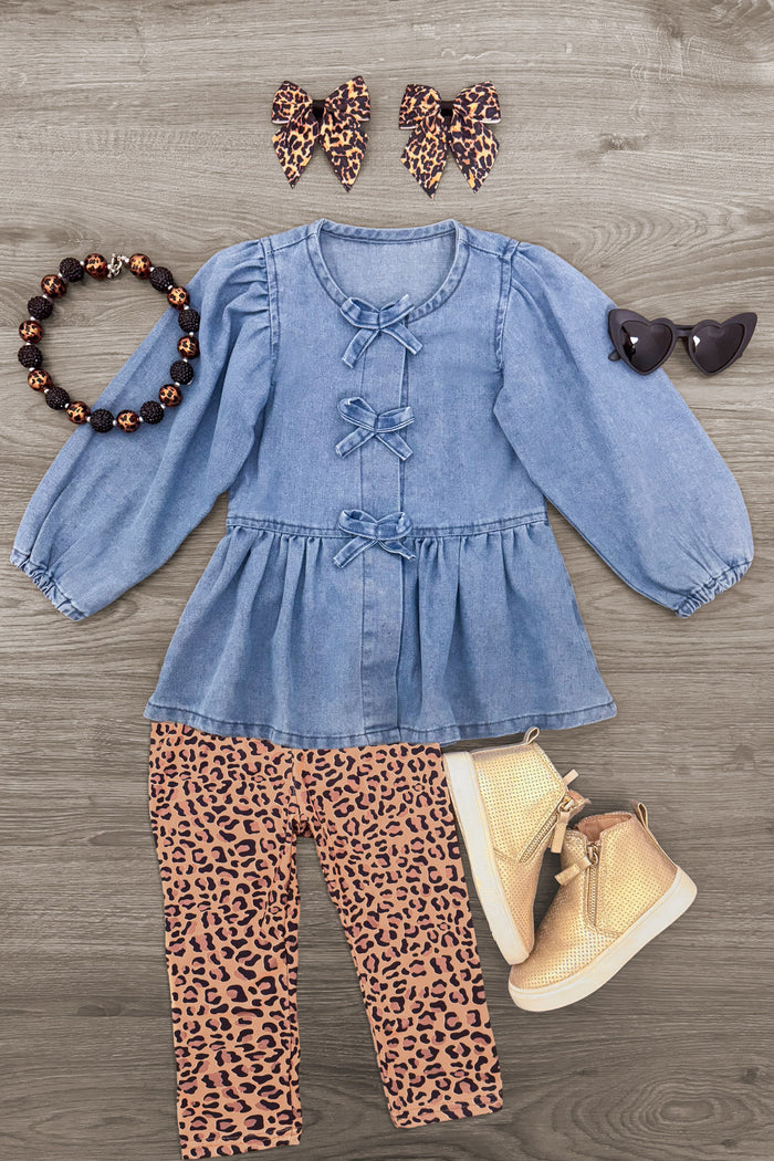 Faux Denim Cheetah Legging Set - 6-12 Months - Light blue faux denim long-sleeve top with front tie details paired with cheetah print leggings.