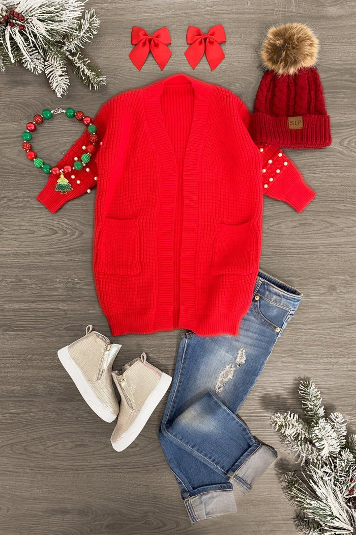 Pearl Cardigan Sweater - Red / 3XS-6-12 Months - Red long pearl cardigan sweater with front pockets styled with distressed blue jeans, white high-top sneakers, red knit.
