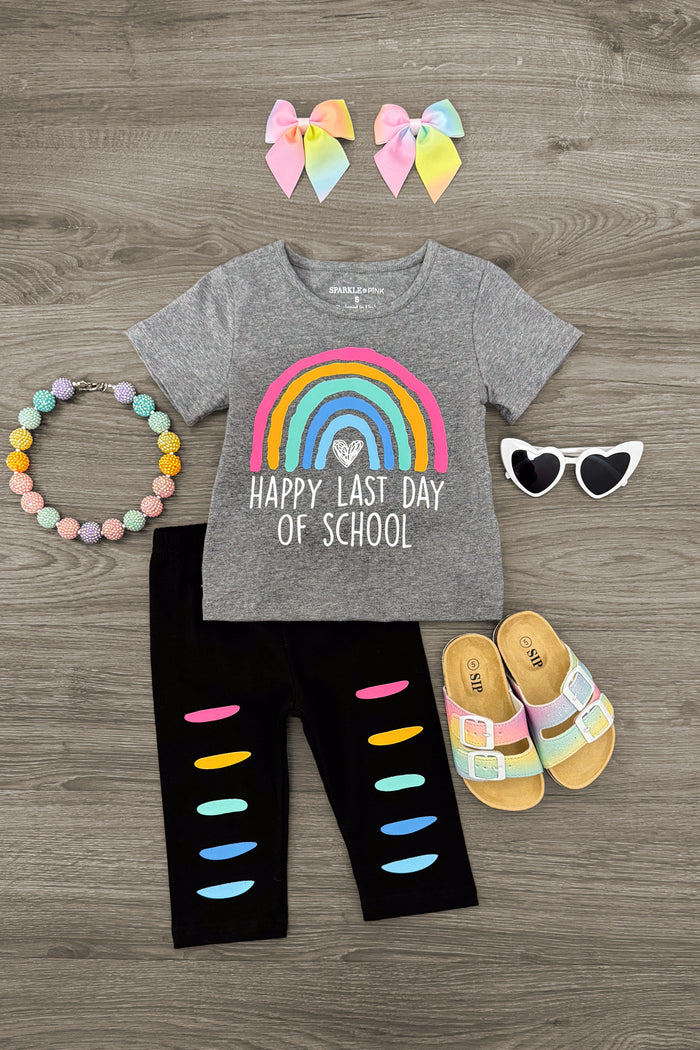 "Happy Last Day Of School" Capri Set - Small-3T - Gray short-sleeve shirt with rainbow and "Happy Last Day of School" text, black capri leggings with colorful slits, paired.