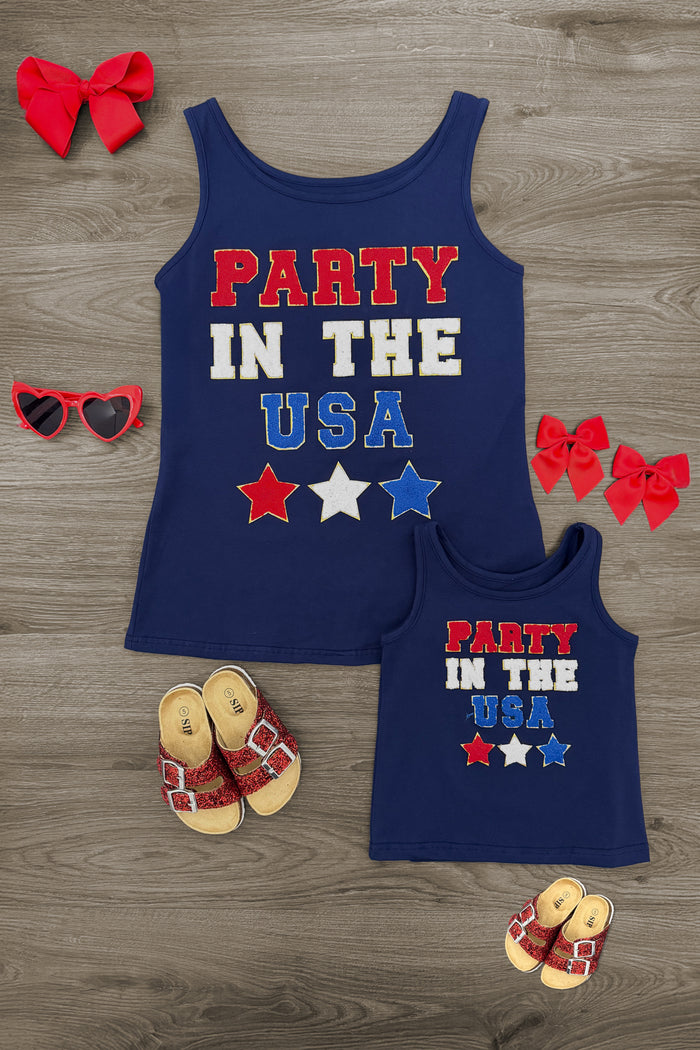 Mom & Me - "Party In The USA" Tank Top - CHILD-6-12 Months - Navy blue sleeveless tank tops for mom and child with "Party in the USA" text and red, white, and blue stars design.