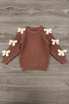 Brown Gemstone Denim Pant Set - 6-12 Months - Brown knit sweater with long sleeves featuring six cream bows along the arms.