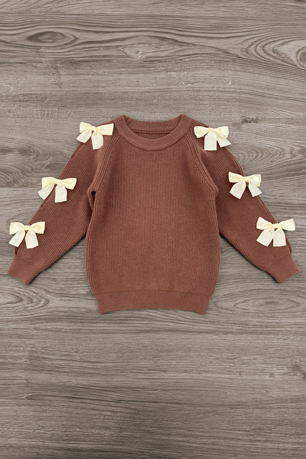 Brown Gemstone Denim Pant Set - 6-12 Months - Brown knit sweater with long sleeves featuring six cream bows along the arms.