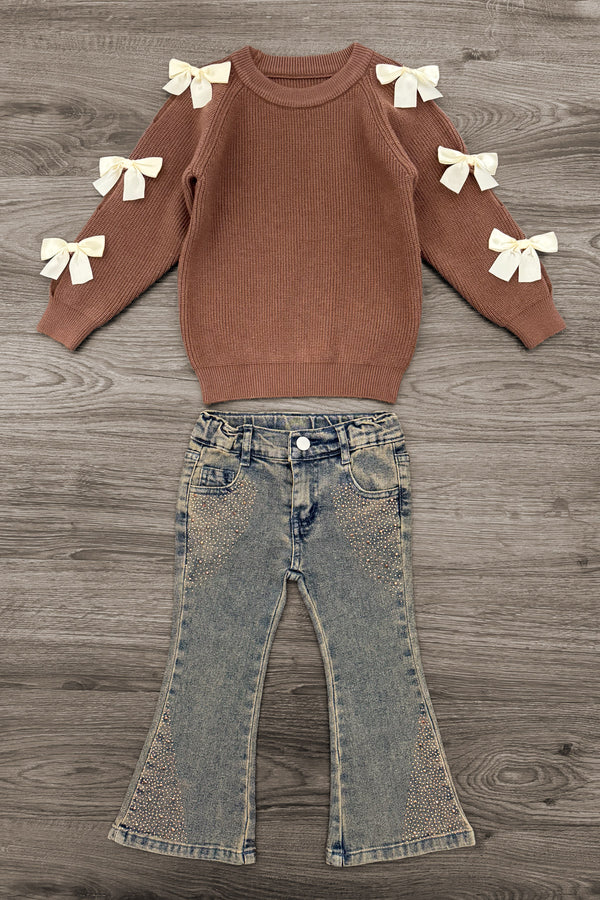 Brown Gemstone Denim Pant Set - 6-12 Months - Brown long-sleeve sweater with cream bow accents on sleeves paired with light-wash flared denim pants.