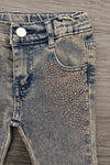 Brown Gemstone Denim Pant Set - 6-12 Months - Brown denim pants with faded wash and brown gemstone embellishments on front pocket area.