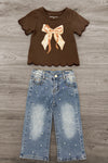 Plaid Pearl Bow Denim Pant Set