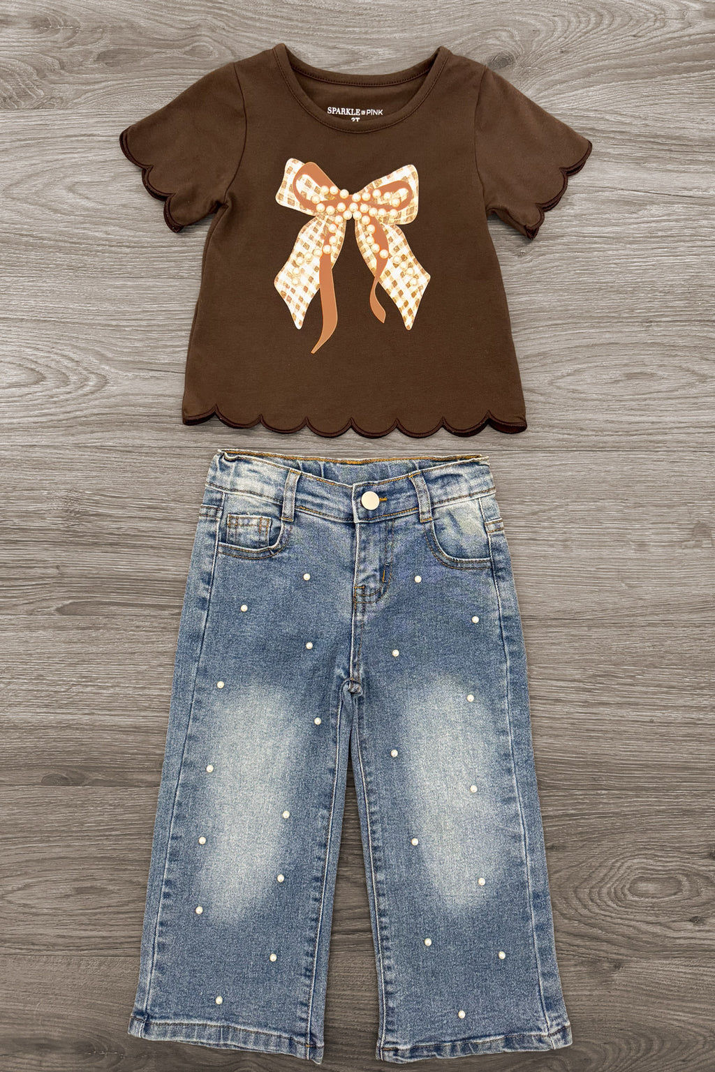 Plaid Pearl Bow Denim Pant Set