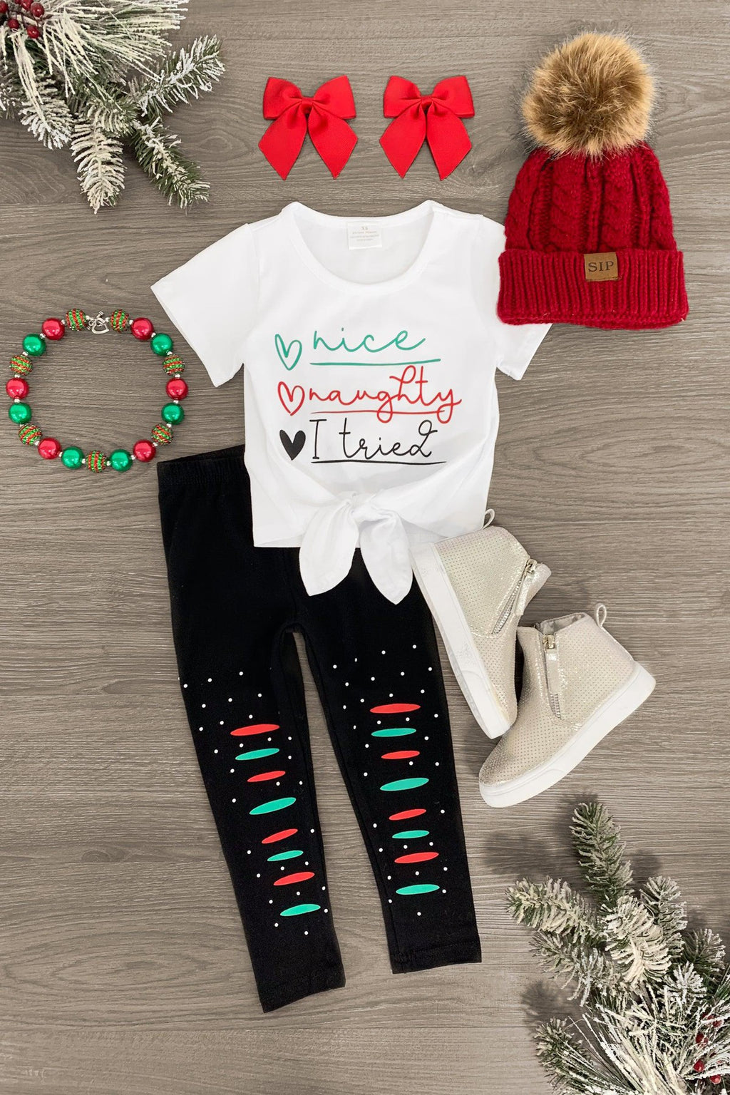 "Nice, Naughty, I Tried" White Legging Set - Sparkle in Pink