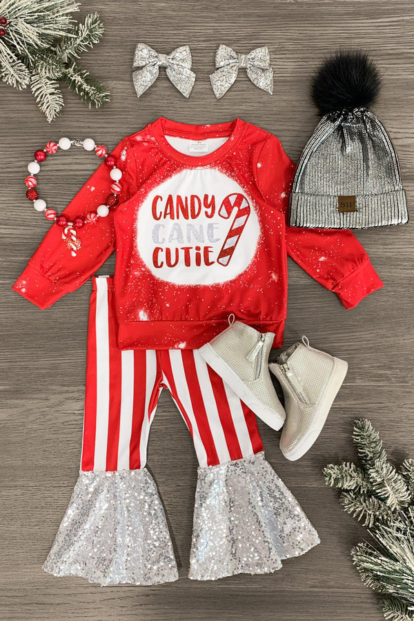 "Candy Cane Cutie" Sequin Bell Bottom Set - Sparkle in Pink