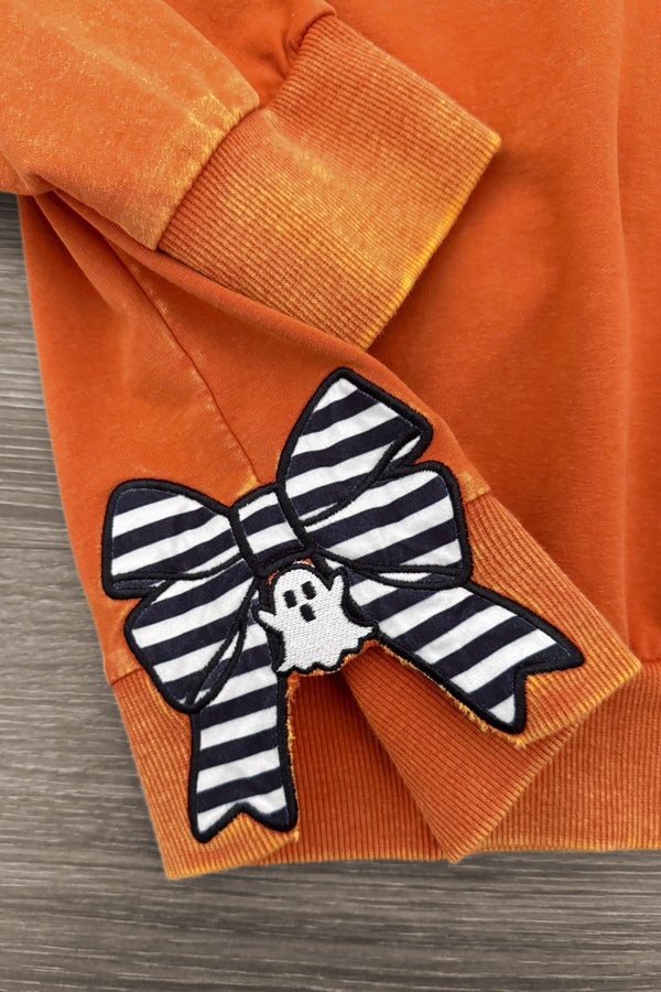 Mom & Me - "Boo" Rust Long Sleeve Top - CHILD-6-12 Months - Rust-colored long sleeve top with ribbed cuffs and a black-and-white striped bow patch featuring a small white ghost on the.