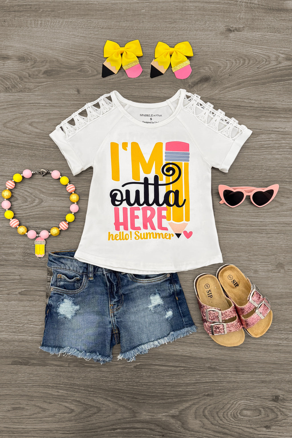 "I'm Outta Here, Hello! Summer" School Top | Sparkle in Pink
