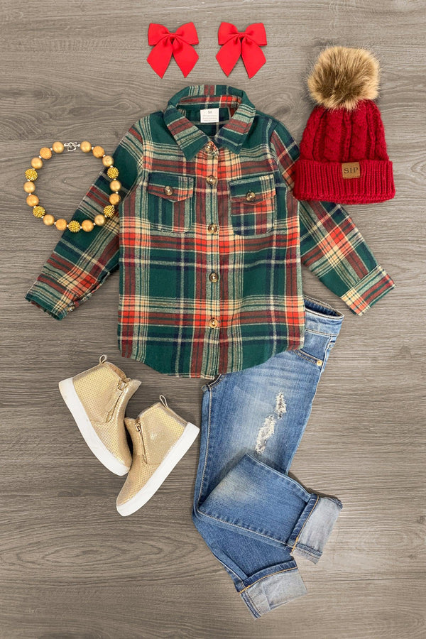 Green Button Down Flannel - Sparkle in Pink