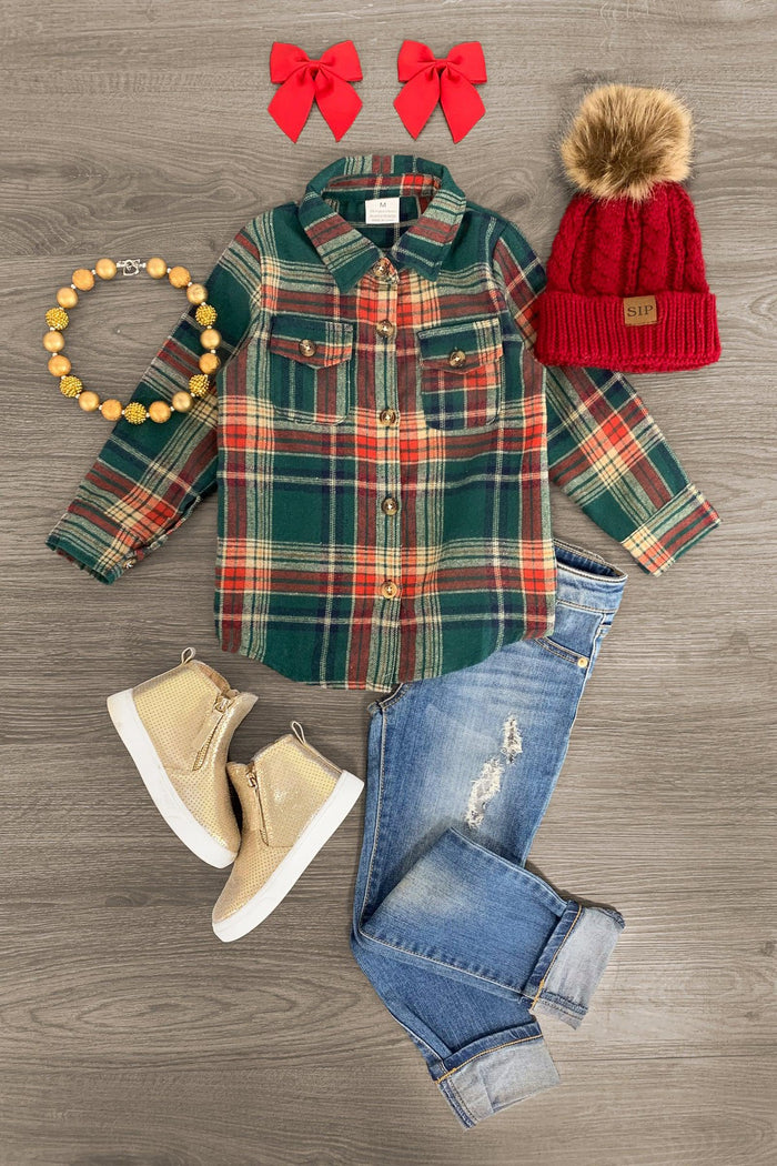 Green Button Down Flannel - 3XS-6-12 Months - Green plaid button-down flannel shirt for toddlers with chest pockets, paired with blue distressed jeans, beige boots, red.