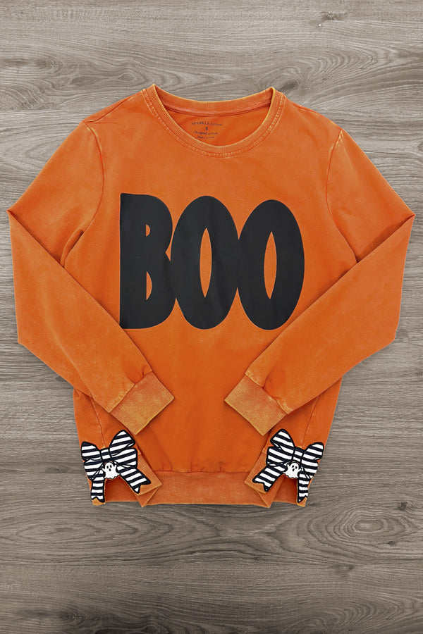 Mom & Me - "Boo" Rust Long Sleeve Top - MOM-XS - Rust-colored long sleeve top with large black "BOO" text and black-and-white striped bow details on hem.