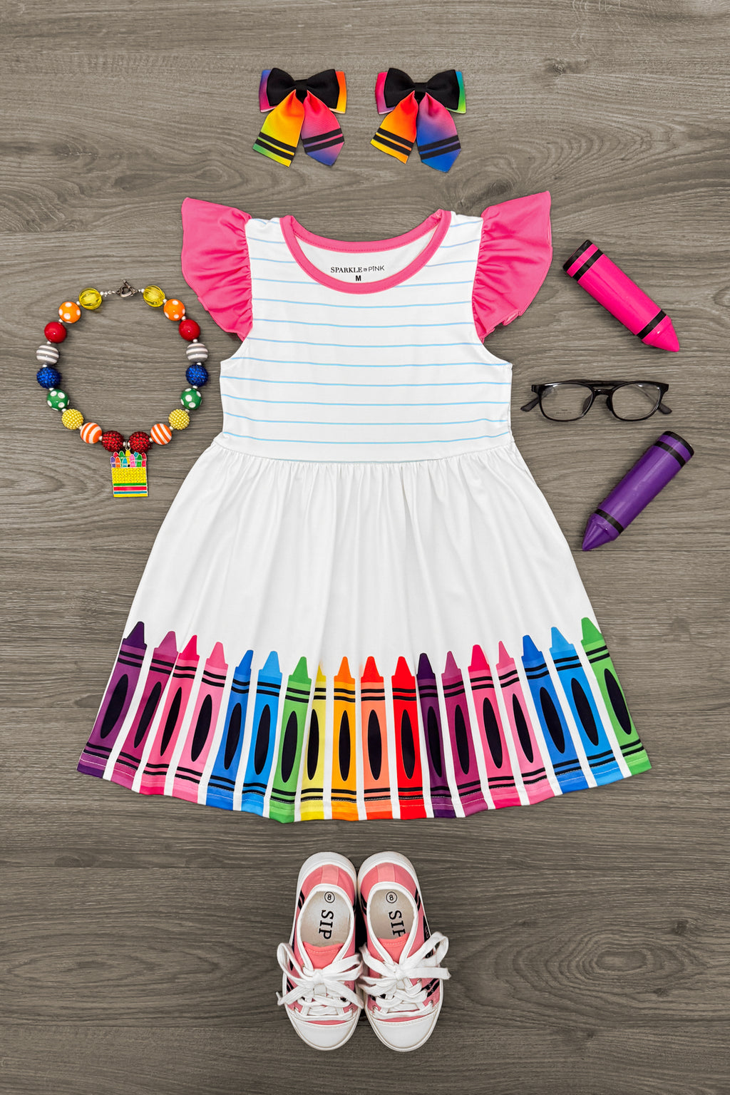 White Notebook & Crayons Dress | Sparkle in Pink