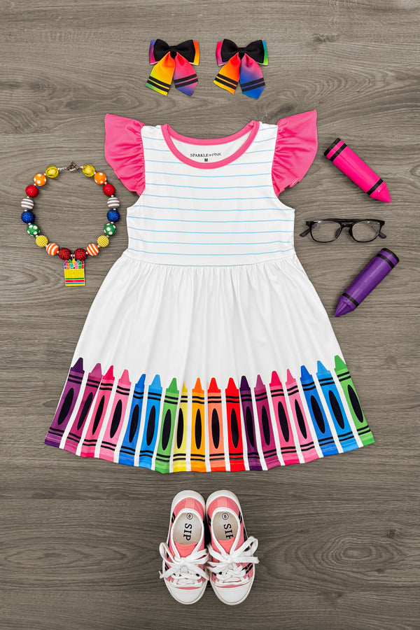 White Notebook & Crayons Dress | Sparkle in Pink