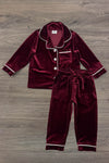 Green & Burgundy Velvet Family Pajamas - AND PET BANDANA! - GIRL-6-12 Months-FAMILY - Burgundy velvet long-sleeve pajama top with white piping and matching pants on wood floor.