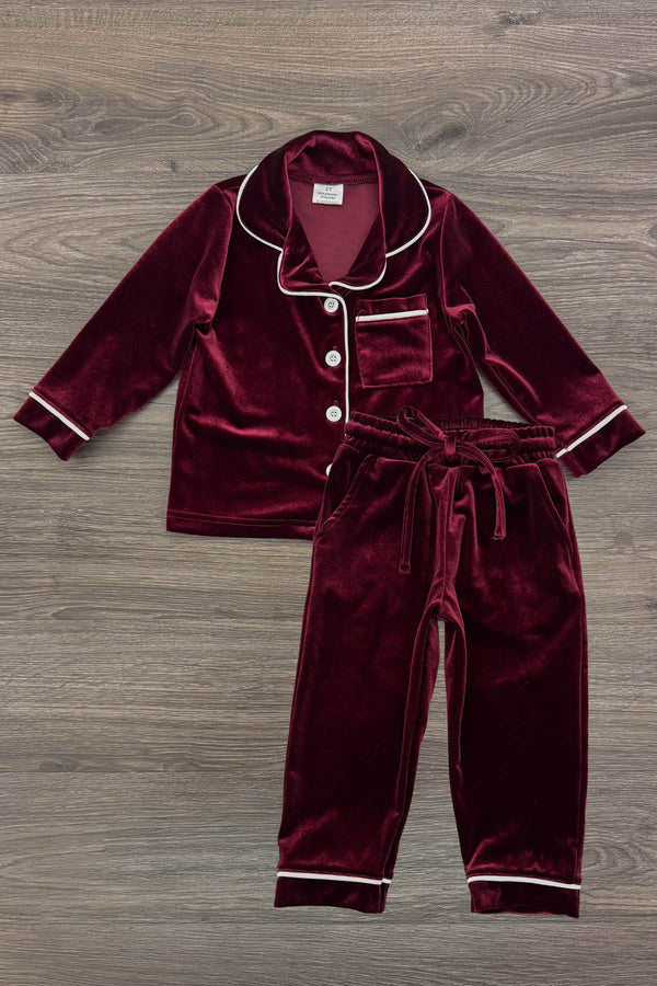 Green & Burgundy Velvet Family Pajamas - AND PET BANDANA! - GIRL-6-12 Months-FAMILY - Burgundy velvet long-sleeve pajama top with white piping and matching pants on wood floor.