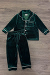 Green & Burgundy Velvet Family Pajamas - AND PET BANDANA! - BOY-6-12 Months-FAMILY - Dark green velvet long-sleeve pajama top and matching pants with white piping and buttons.