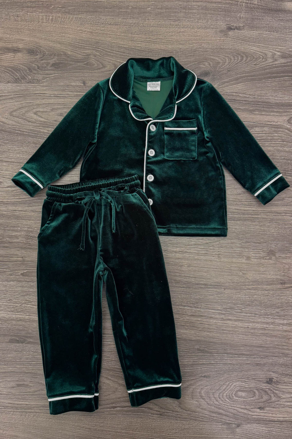 Green & Burgundy Velvet Family Pajamas - AND PET BANDANA! - BOY-6-12 Months-FAMILY - Dark green velvet long-sleeve pajama top and matching pants with white piping and buttons.