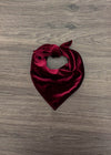 Green & Burgundy Velvet Family Pajamas - AND PET BANDANA! - PET-Burgundy Bandana-FAMILY - Burgundy velvet pet bandana with triangular shape and tied knot on wood floor background.