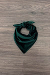 Green & Burgundy Velvet Family Pajamas - AND PET BANDANA! - PET-Green Bandana-FAMILY - Dark green velvet pet bandana with a tied knot and smooth texture on wood background.