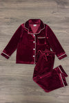 Green & Burgundy Velvet Family Pajamas - AND PET BANDANA! - MOM-Small-FAMILY - Burgundy velvet pajama set with white piping, button-up top, chest pocket, and drawstring pants.