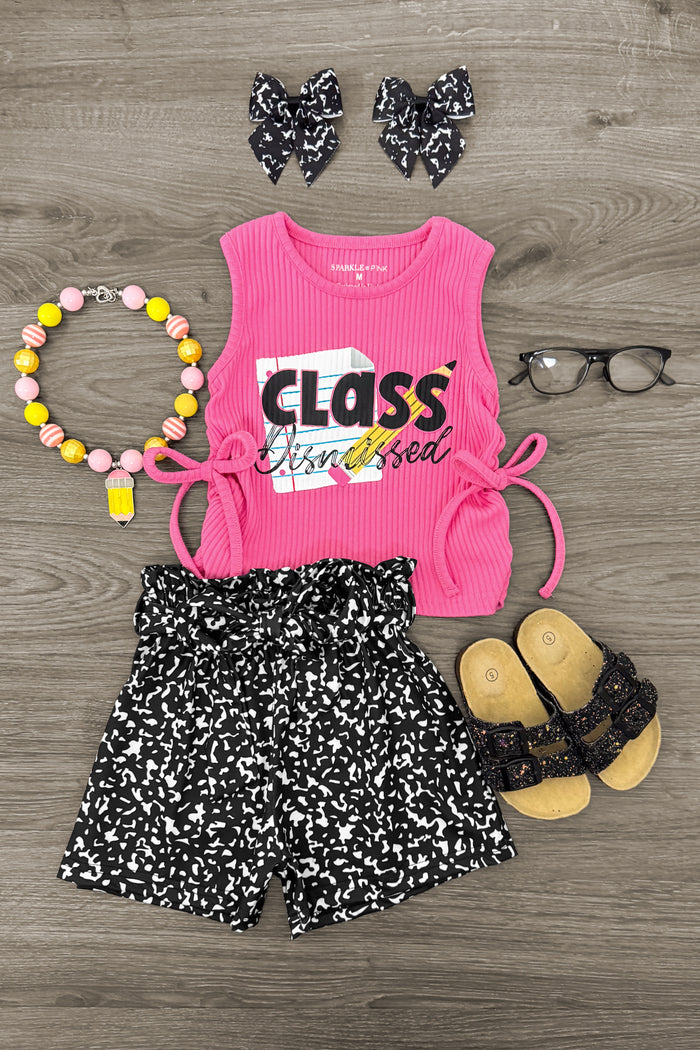 "Class Dismissed" Short Set - Small-3T - Pink sleeveless top with "Class Dismissed" text, black and white patterned shorts, black sandals, candy necklace, black.