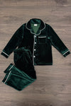 Green & Burgundy Velvet Family Pajamas - AND PET BANDANA! - DAD-Small-FAMILY - Dark green velvet long-sleeve pajama set with white piping, button-up shirt, and matching pants.