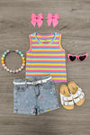 Rainbow Striped Flower Denim Short Set | Sparkle in Pink