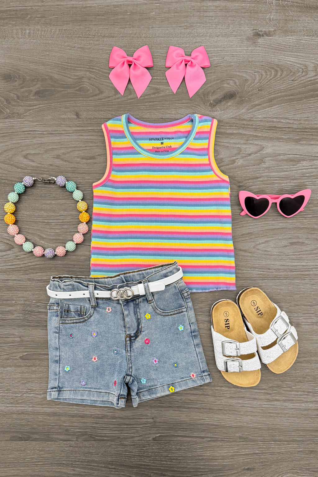Rainbow Striped Flower Denim Short Set | Sparkle in Pink
