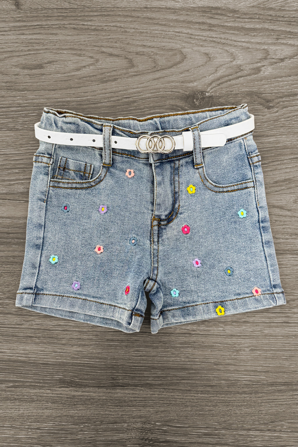 Rainbow Striped Flower Denim Short Set | Sparkle in Pink