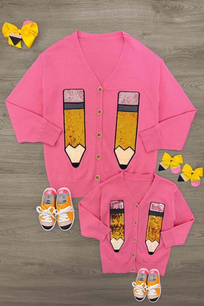 Mom & Me - Hot Pink Sequin Pencil Cardigan - CHILD-Small-3T - Hot pink sequin pencil cardigan for mom and child with button front and long sleeves.