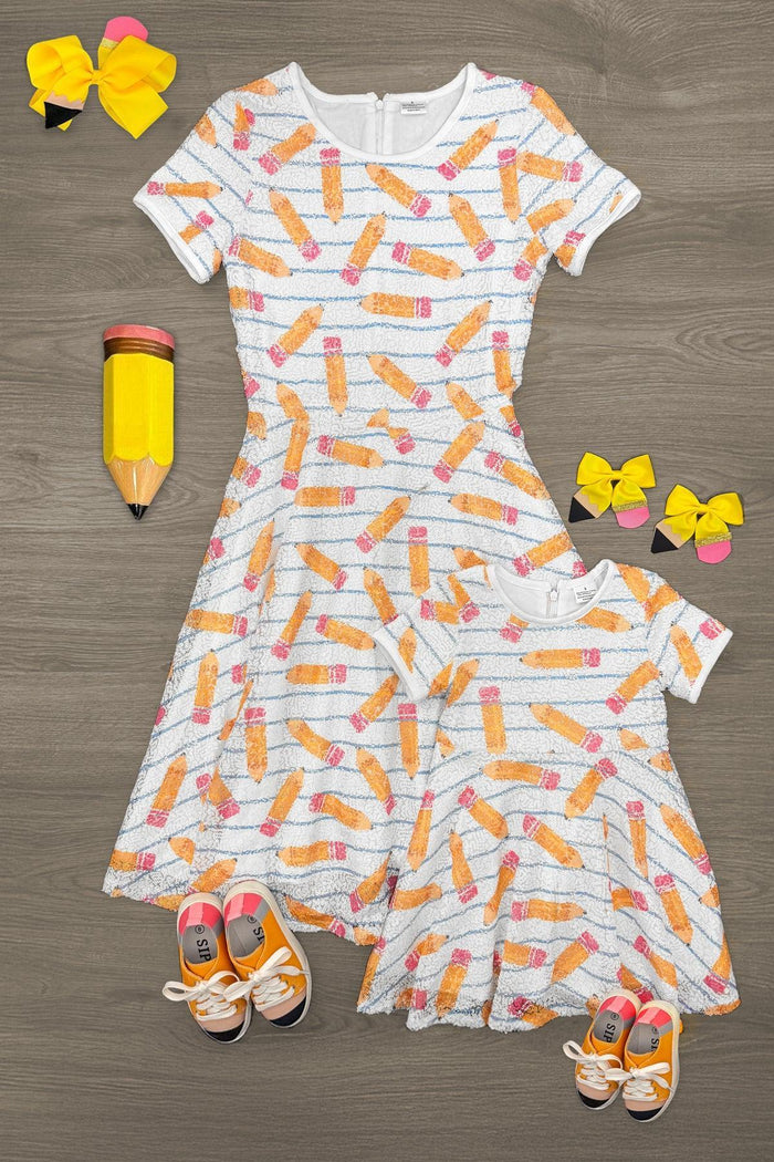 Mom & Me - Sequin Pencil Dress - CHILD-2T - White short-sleeve sequin pencil dresses with colorful pencil print in adult and child sizes, paired with matching yellow.