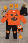 Jack O' Lantern Legging Set - 6-12 Months - Kids Halloween outfit set with orange sweatshirt featuring black Jack O’ Lantern face, black leggings with small pumpkin.