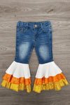 Candy Corn Bow Denim Bell Bottom Set - 6-12 Months - Blue denim bell bottom pants with ruffled layers in white, orange, and yellow resembling candy corn colors.