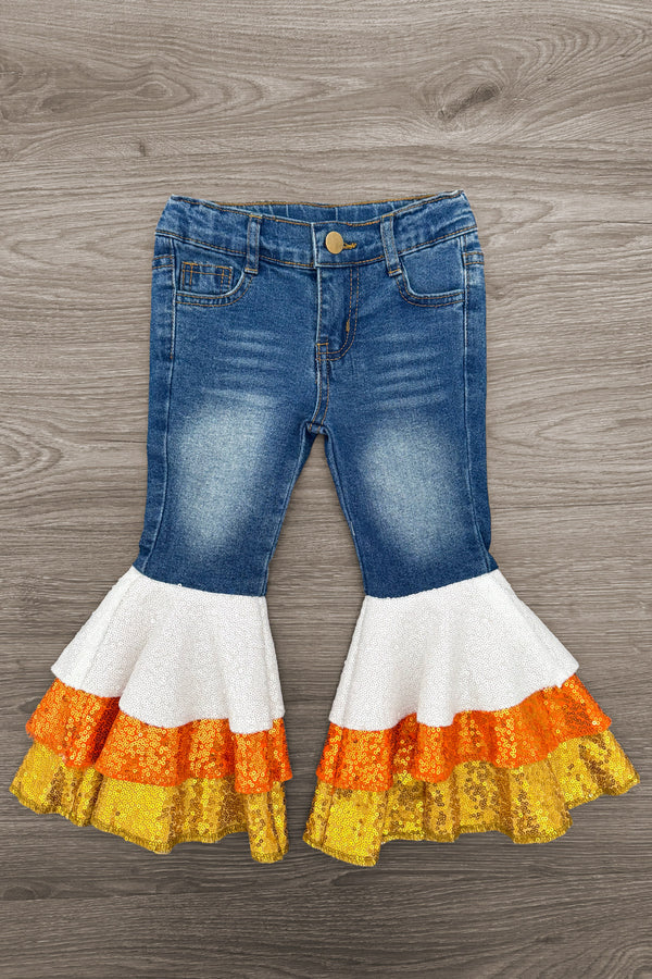Candy Corn Bow Denim Bell Bottom Set - 6-12 Months - Blue denim bell bottom pants with ruffled layers in white, orange, and yellow resembling candy corn colors.